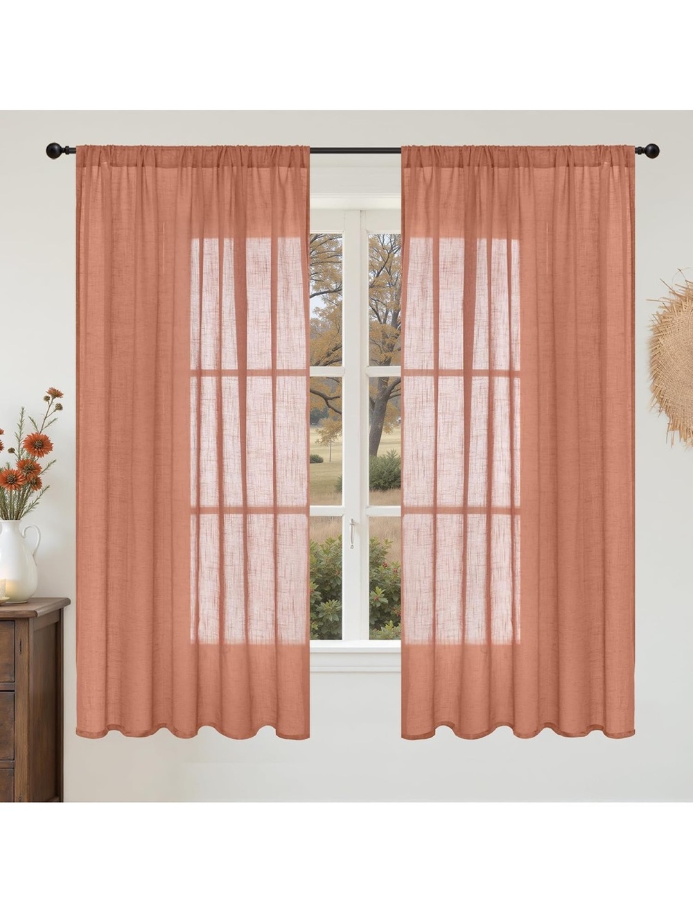 Lightweight Terracotta Sheer Curtain Panels - Rod Pocket - 42” wide x 45” long.